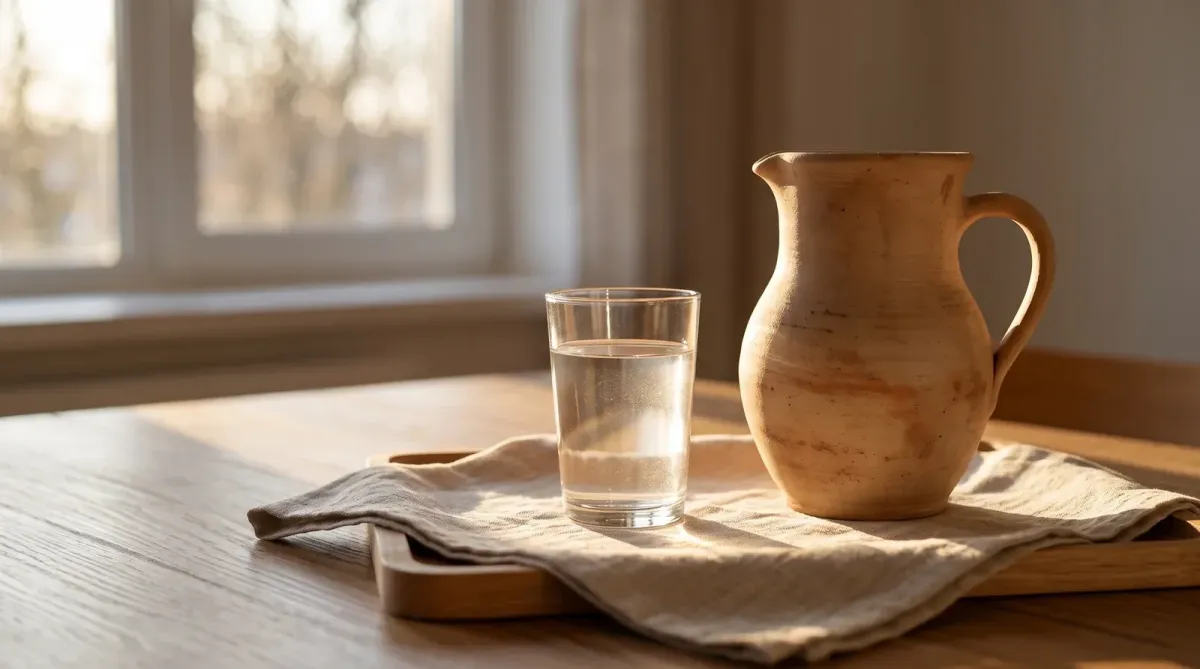 An earthenware jug and a plain glass of water on a linen tray in warm morning light, ruqyah water prepared the Sunnah way