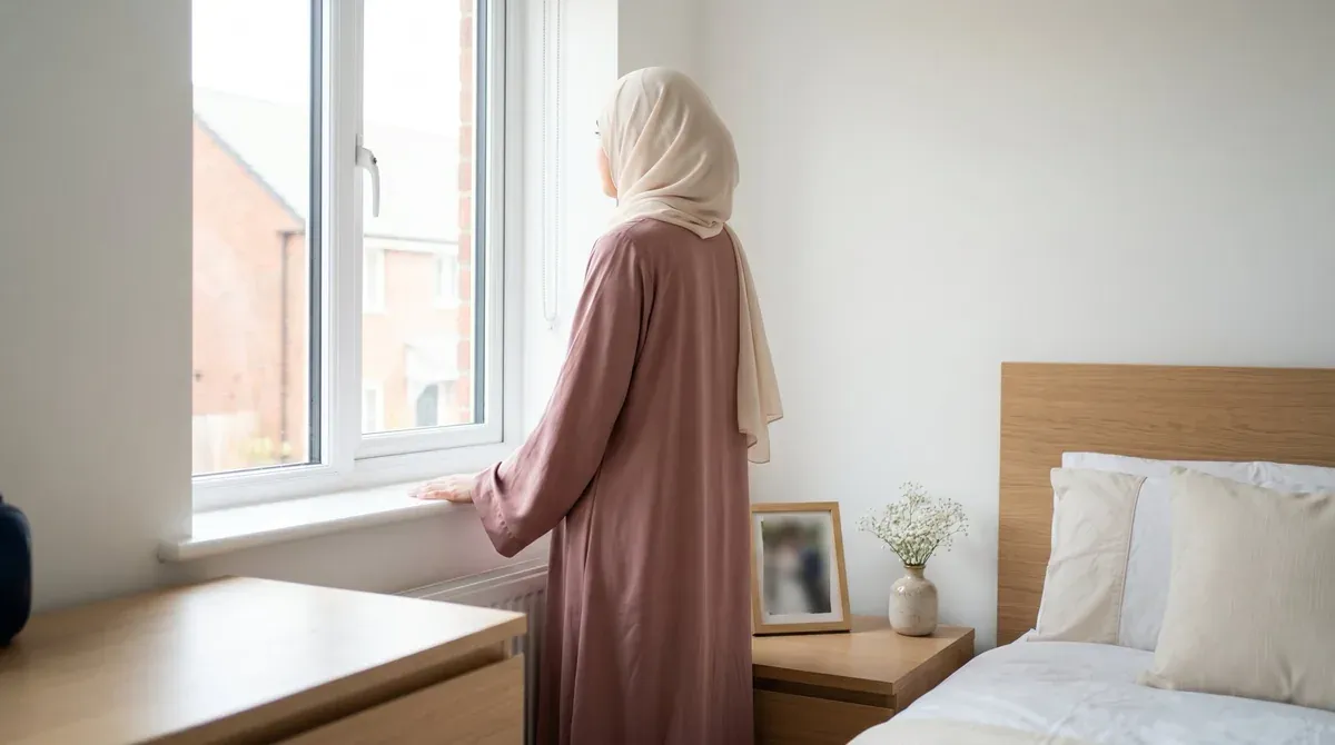 A young Muslim wife looking out of her bedroom window, her wedding photograph beside her