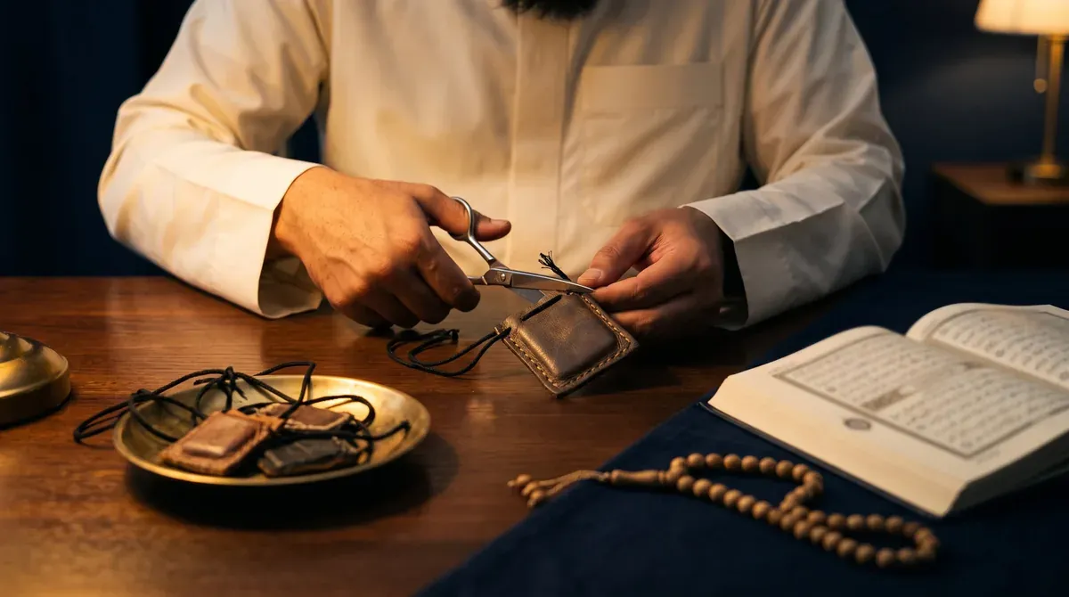 A raqi cutting the cord of a taweez amulet, part of black magic removal through ruqyah