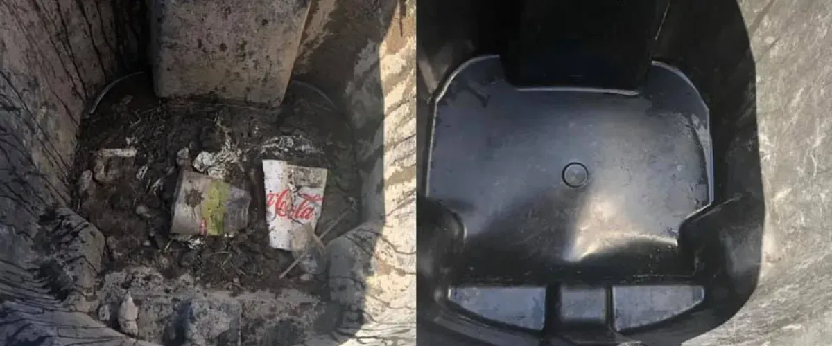 Dramatic before and after of a black bin cleaned of heavy dirt and debris