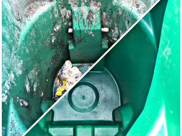 Side-by-side comparison of filthy and sanitized green trash bin