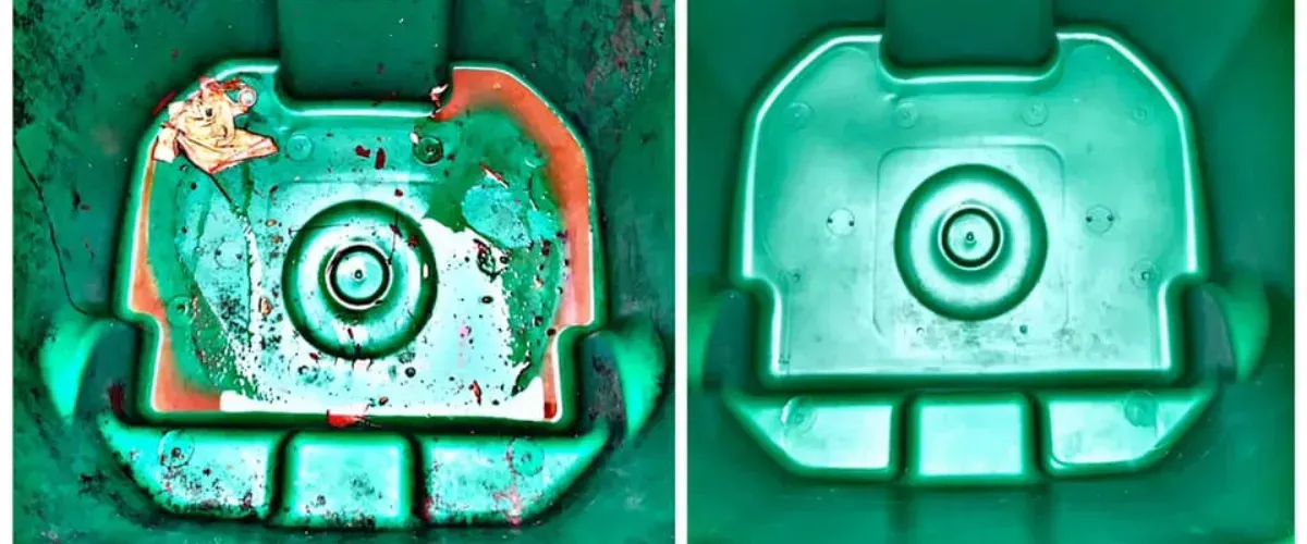 Before and after image of a green trash bin after professional cleaning