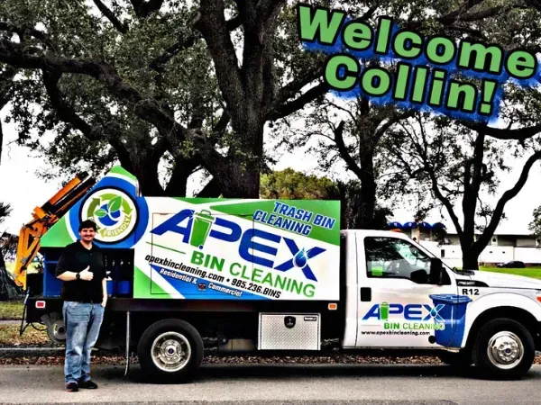 Apex Bin Cleaning truck with employee Collin standing in front