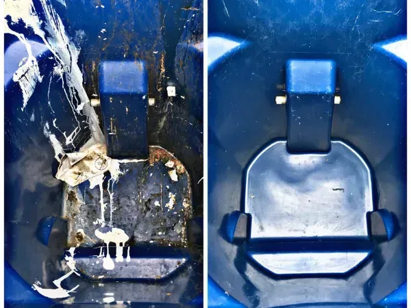 Before and after trash can cleaning showing a dirty bin transformed into a clean, sanitized bin.