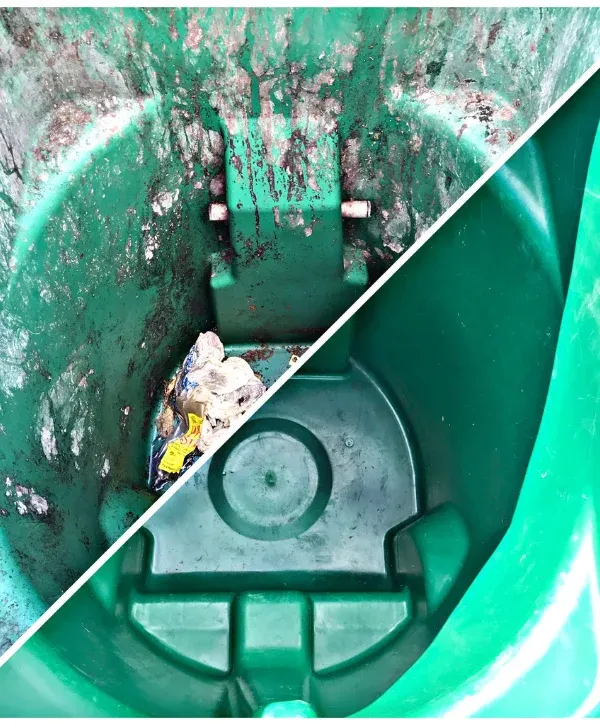 A split image shows the inside of a dirty, overflowing trash bin beside a sparkling clean, empty trash bin.