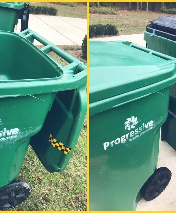 A split image shows a green Progressive Waste Solutions garbage can with an open lid on the left and a closed lid on the right.