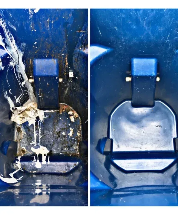 A split image showing the inside of a dirty green bin on the left, full of debris, and a clean green bin on the right.