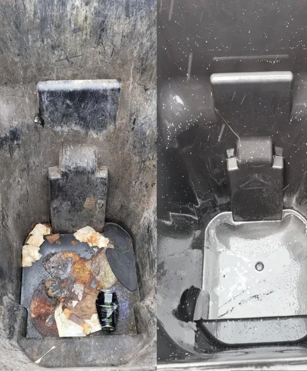 A split image showing the inside of a dirty trash can on the left and the same can cleaned on the right.