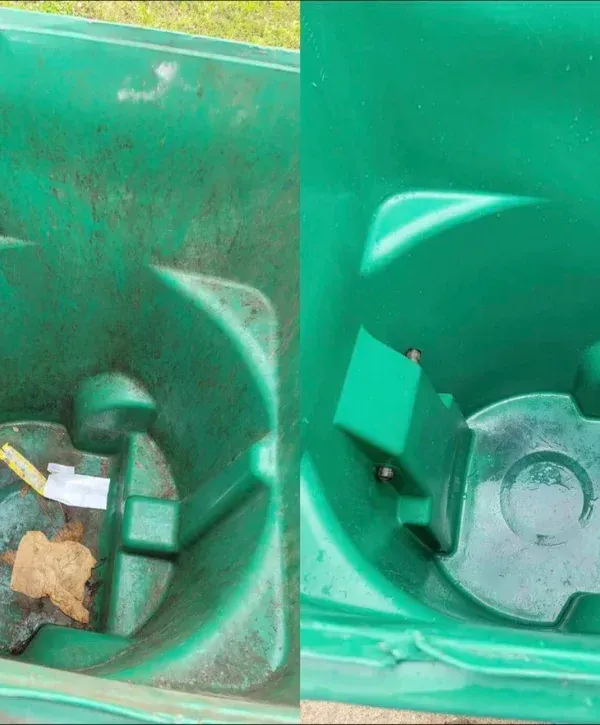 A split image showing the dirty interior of a green garbage can on the left and the clean interior on the right.