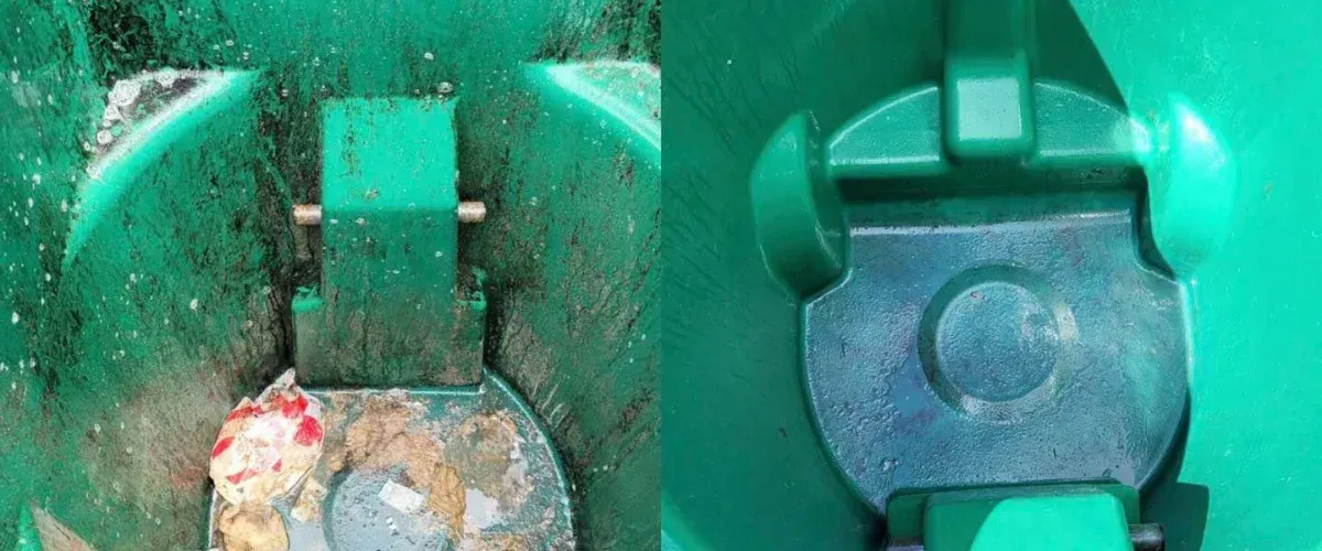 A split image showing a dirty green bin interior on the left and a clean green bin interior on the right.