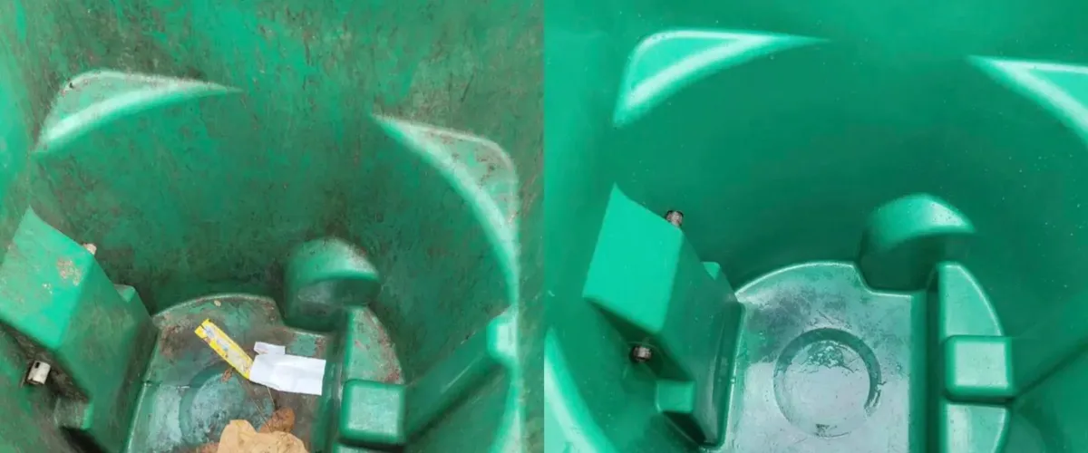 A split image showing the inside of a dirty green plastic bin on the left and a clean one on the right.