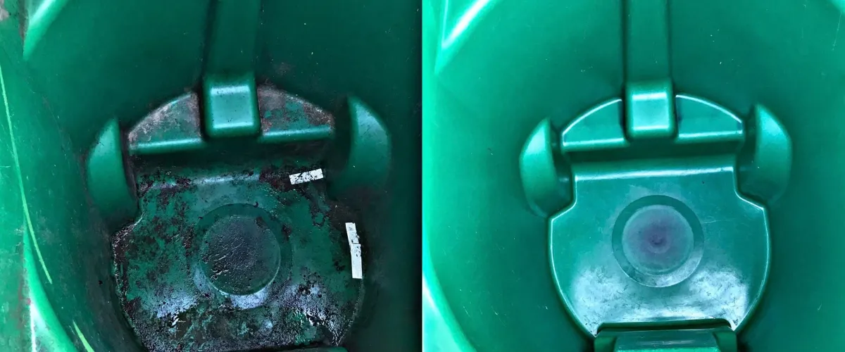A side-by-side comparison showing the inside of a green trash bin, dirty on the left and clean on the right.