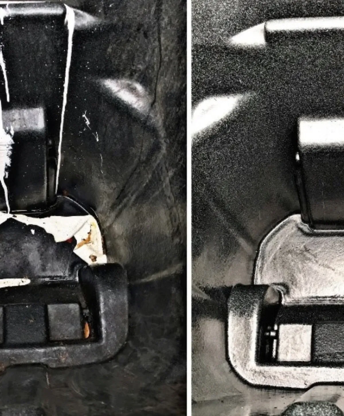 A split image showing a black and white metal surface next to its textured, painted, and corroded color version.