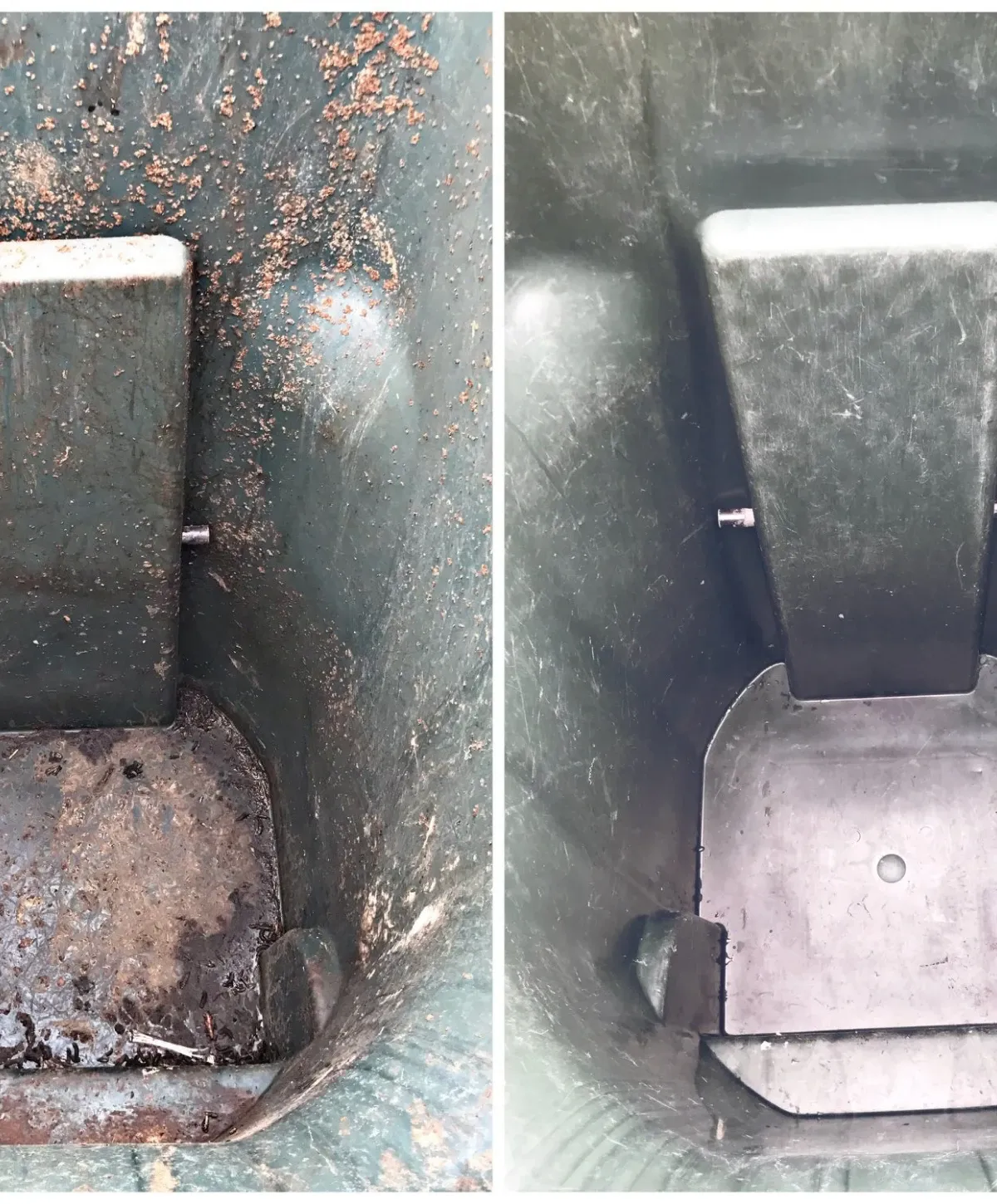 Before and after comparison of a dirty, grimy green plastic bin interior on the left, and a clean interior on the right.