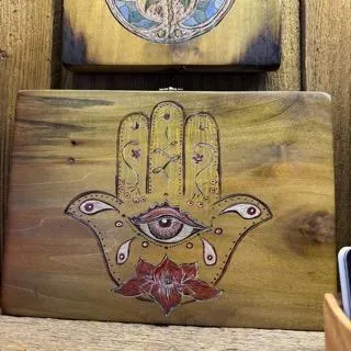 Wooden Hamsa hand carving with layered palm and finger detail