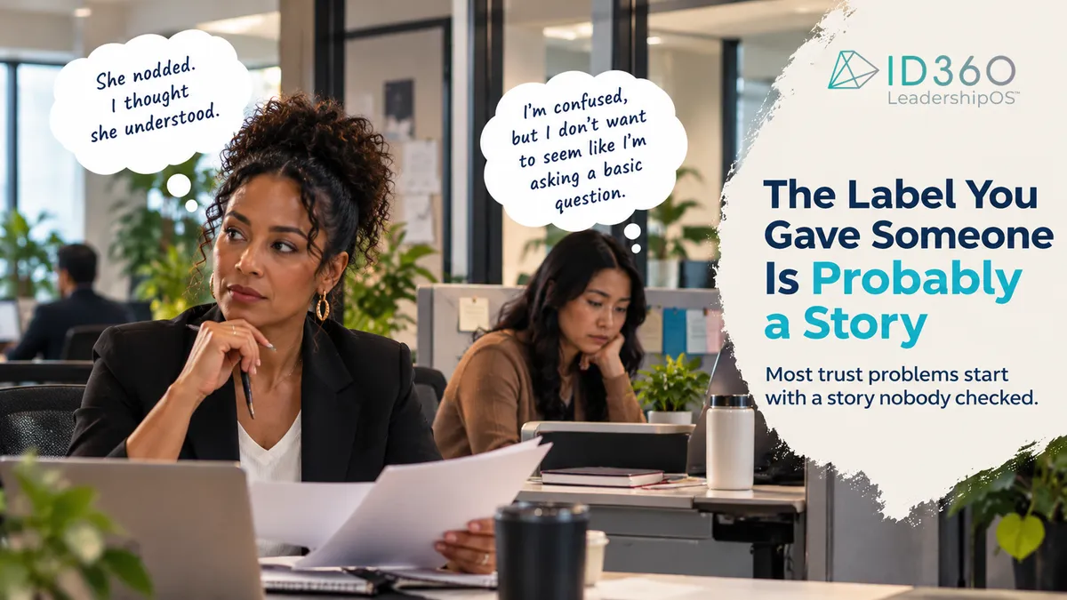 Two colleagues at an office desk with thought bubbles showing different assumptions, beside the title "The Label You Gave Someone Is Probably a Story" and the ID360 logo