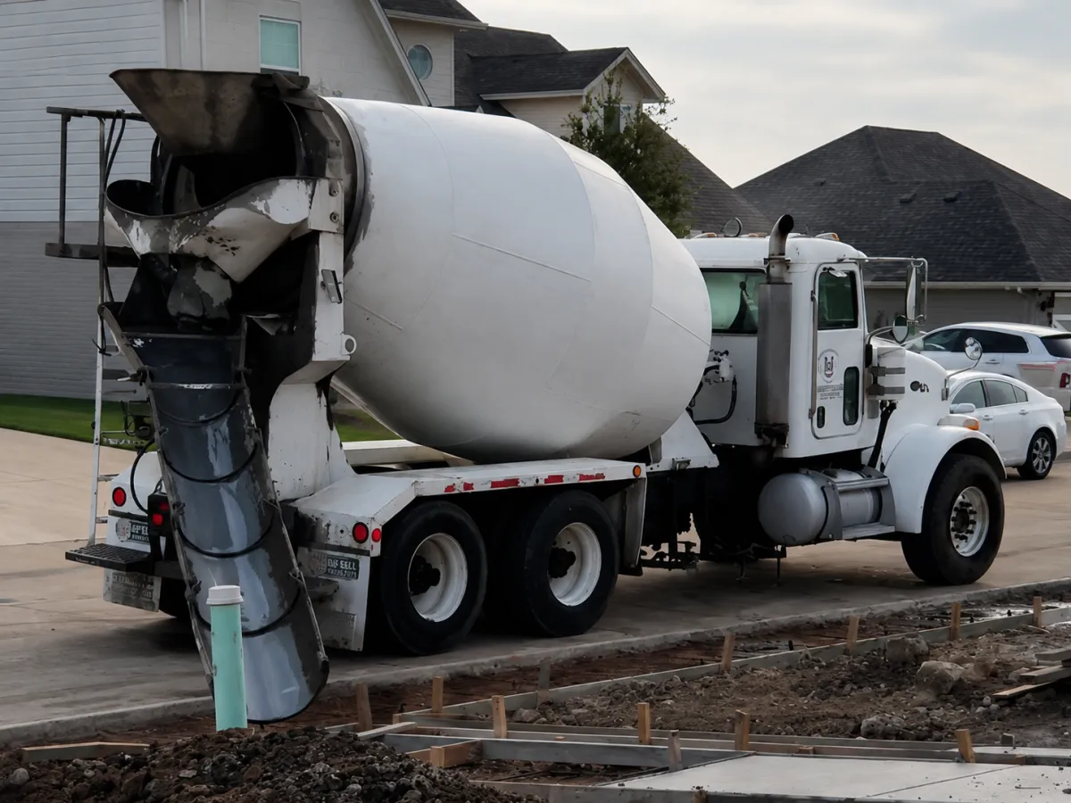Ready mix concrete truck delivery completed by MS101 Construction LLC in Fort Worth, Texas.