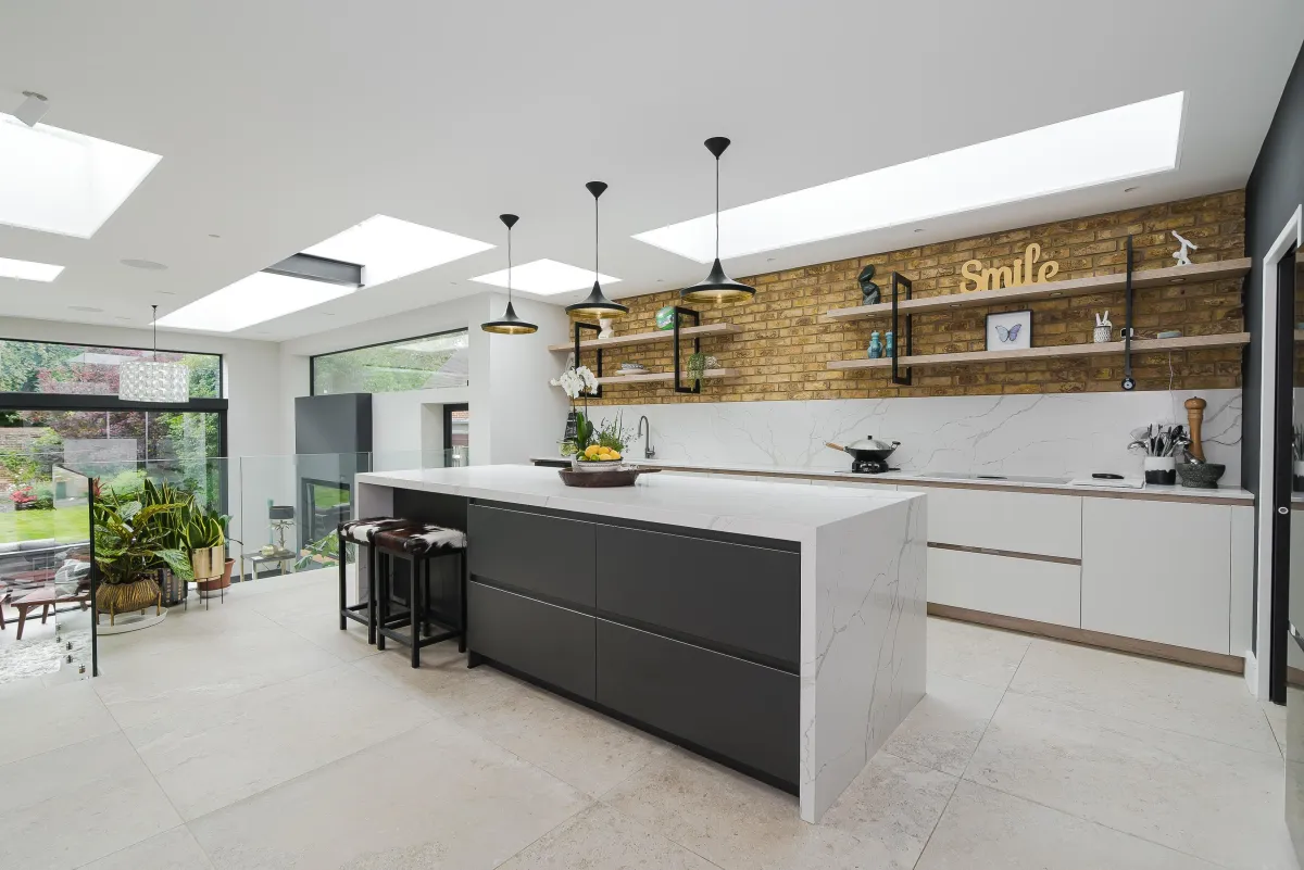 3D CGI render of a modern two-storey new build with large glass doors and child-friendly garden in Woking