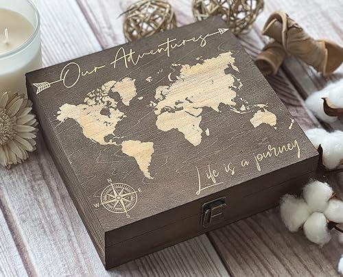Our Adventures Box, 8.5 in x 8 in x 2.5 in, Wooden Box, Keepsake Box, Memory Box, Gift box, 5th Anniversary Gift, Unique Gift Ideas, Travel, Wooden Anniversary Gift (Dark Walnut Our Adventure)