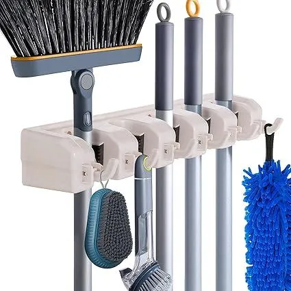HYRIXDIRECT Wall Mount Broom Mop Holder Hanger Garden Tool Organizers Rack Garage Laundry Room Organizations and Storage with Hooks Heavy Duty