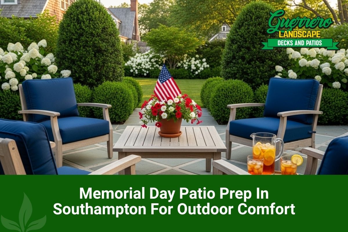 Memorial day patio prep in Southampton with clean pavers and outdoor seating