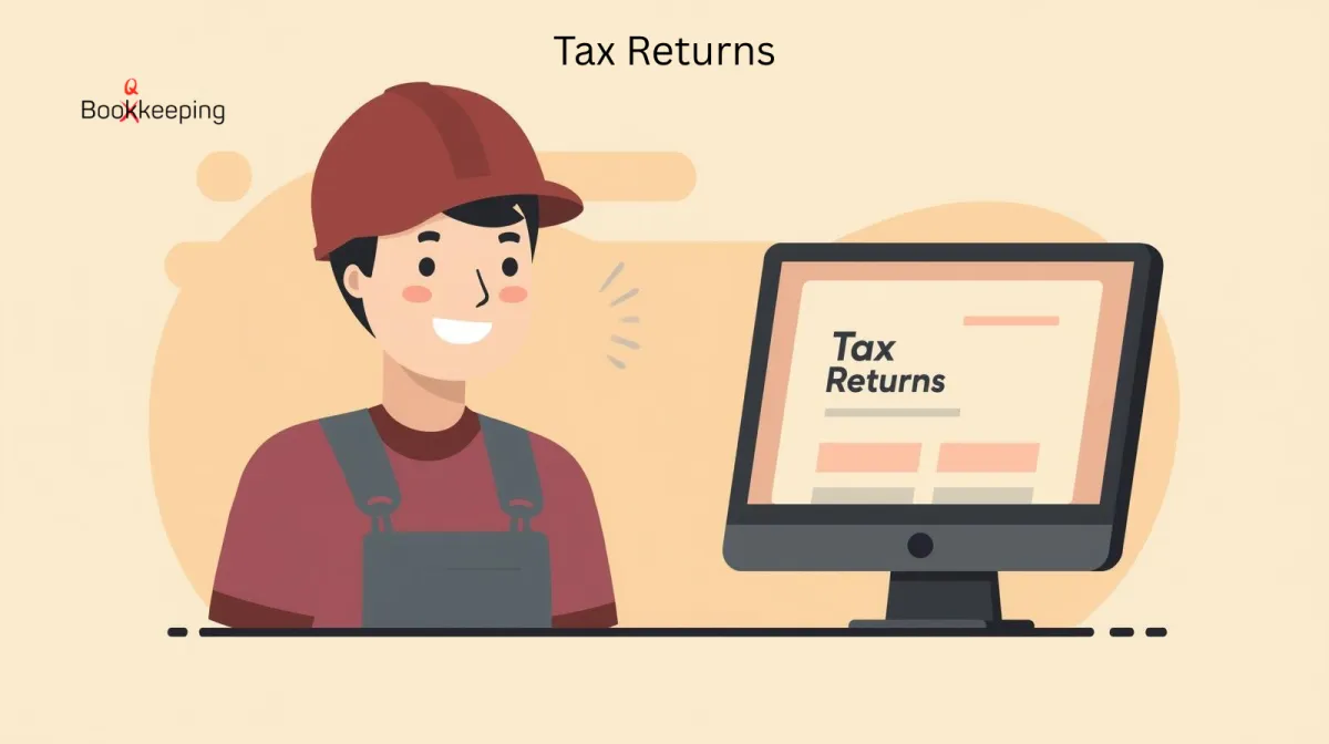 Smiling small business owner in work outfit and protective hat reviewing completed tax return on computer screen – Booqkeeping QuickBooks tax preparation and filing services for small businesses.