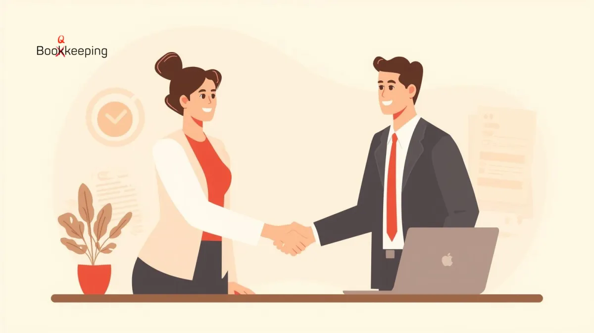 Female business owner in office shaking hands with professional bookkeeper at desk, both in business attire – Booqkeeping Proof & Promise: QuickBooks ProAdvisor certified, family-owned, personal service, US-based support, and no contracts.