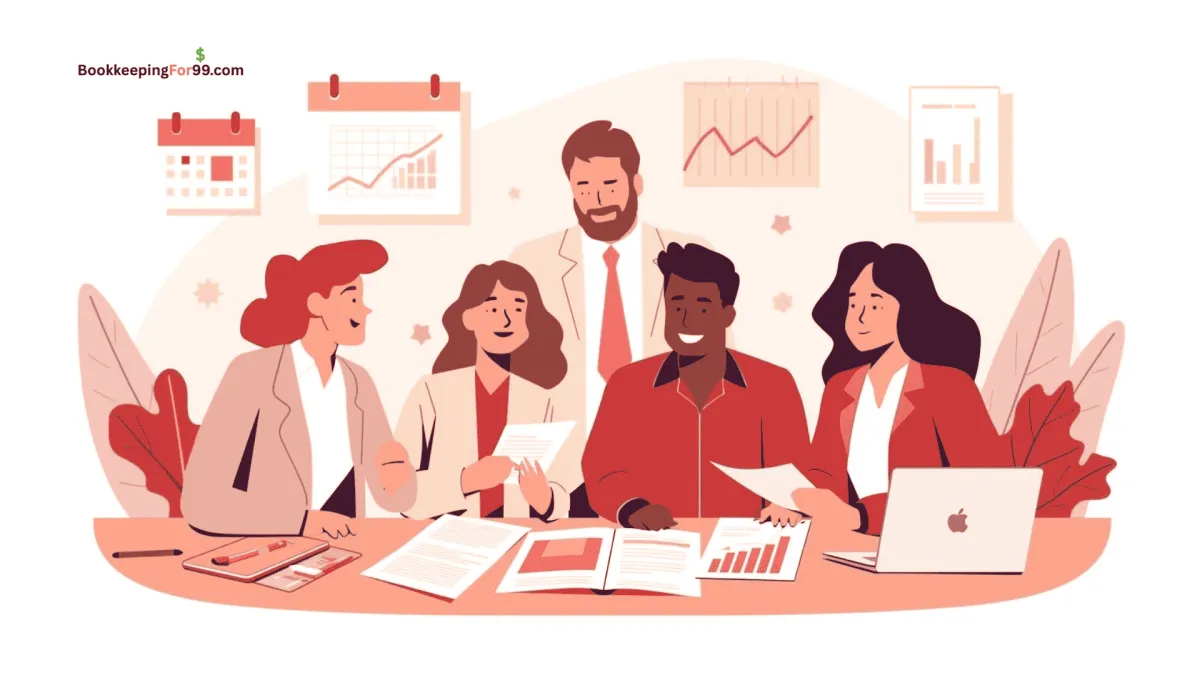 Team of five professional bookkeepers in office collaborating at a table, reviewing client financial records and discussing bookkeeping solutions – Bookkeepingfor99.com small business bookkeeping services.