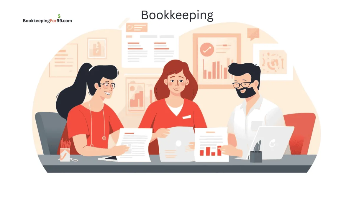 Three professional bookkeepers sitting at a table reviewing client reports and financial records – bookkeepingfor99.com QuickBooks bookkeeping services for small businesses.
