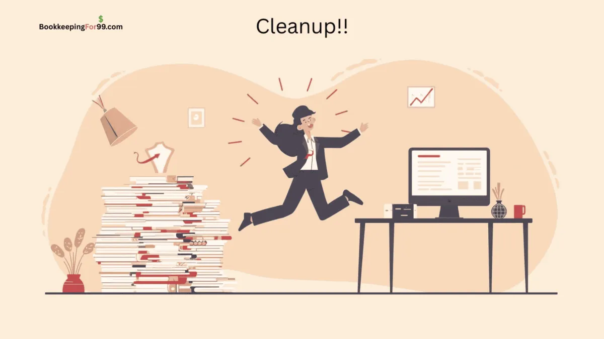 Small business owner jumping with joy in office after bookkeeping cleanup, with messy pile of files on one side and clean financial statement on computer screen – bookkeepingfor99.com bookkeeping catch-up services.