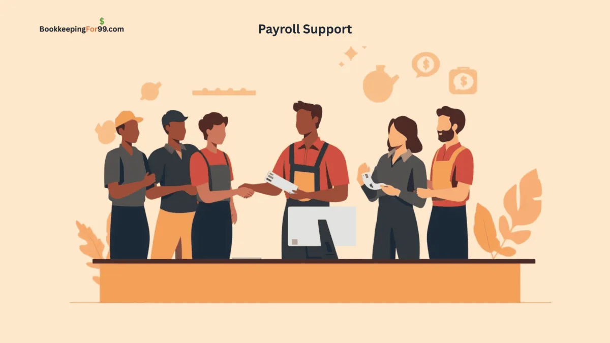 Small business owner handing out paychecks to employees while coordinating payroll records with bookkeeping and accounting services – bookkeepingfor99.com payroll coordination support for small businesses.