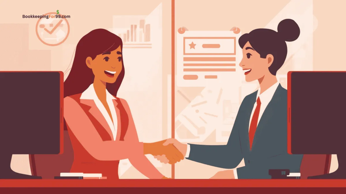 Smiling small business owner shaking hands with female bookkeeper at office desk – bookkeepingfor99.com trusted bookkeeping partner for saving money, simplifying processes, and supporting small businesses.