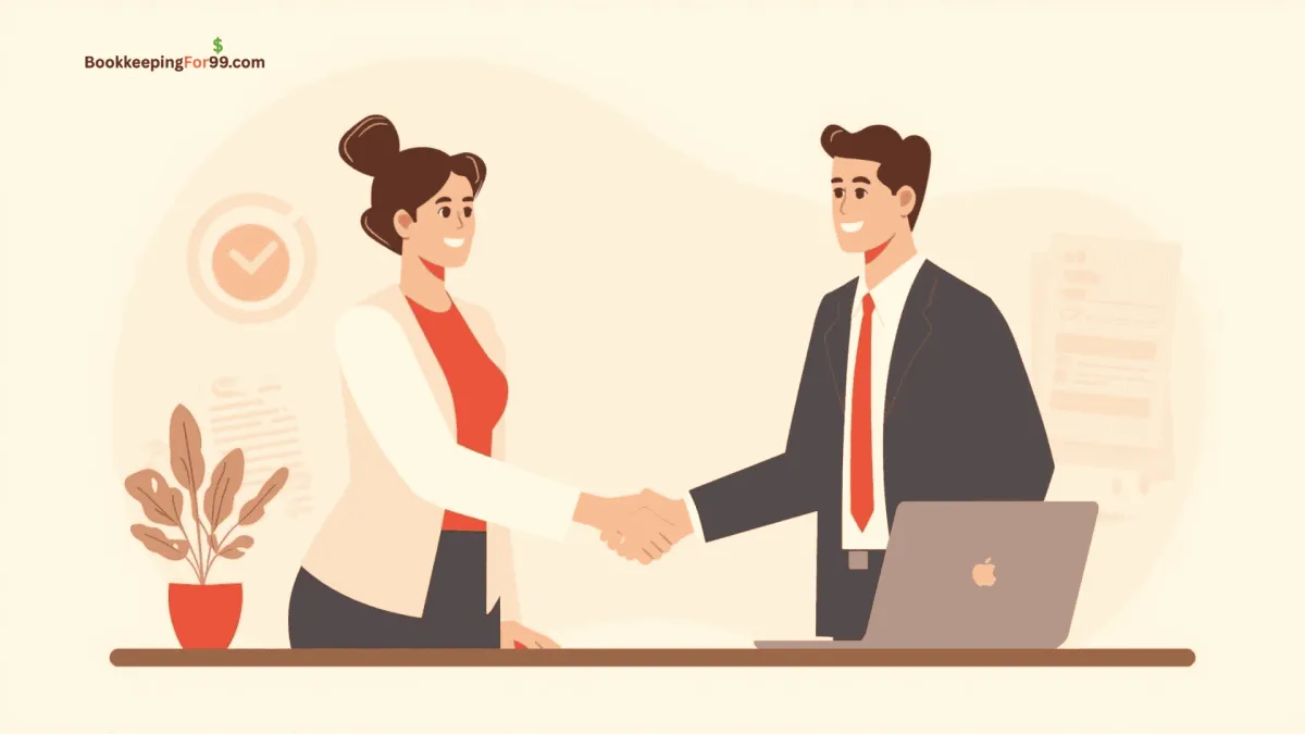 Female business owner in office shaking hands with professional bookkeeper at desk, both in business attire – bookkeepingfor99.com Proof & Promise: QuickBooks ProAdvisor certified, family-owned, personal service, US-based support, and no contracts.