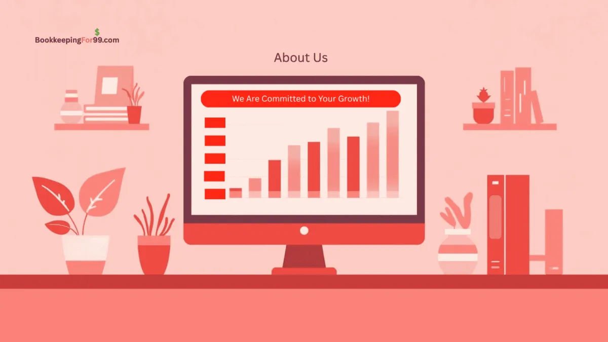 Illustration of a bookkeeping workspace with a computer displaying business growth charts and financial performance data.