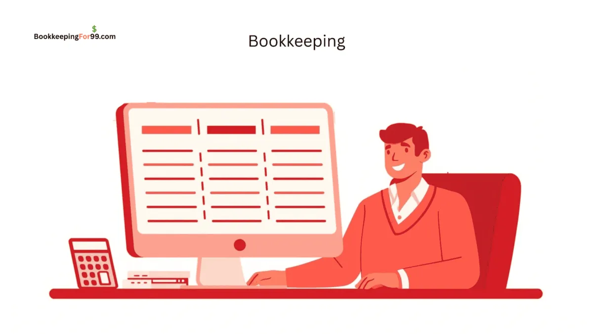 Illustration of a small business owner managing bookkeeping records on a computer, showing organized financial entries and accounting data.