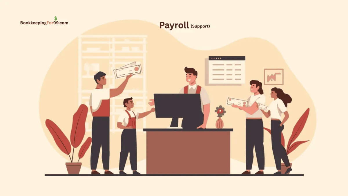 Small business owner at desk handing out paychecks to three happy employees, with two more staff members beside him – Bookkeepingfor99