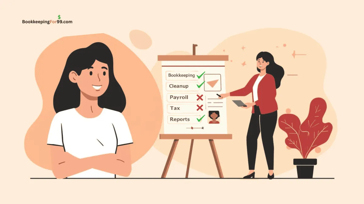 Illustration explaining bookkeeping services offered and not offered, showing bookkeeping, cleanup, and reports approved, while payroll and tax services are marked as not provided.