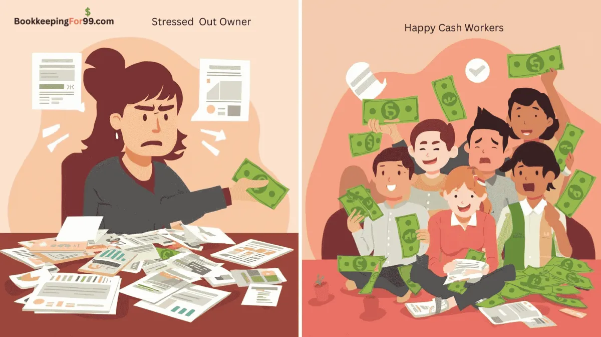 Small business owner stressed at messy desk handing green cash payments to smiling workers, illustrating off-the-books payroll and poor bookkeeping practices