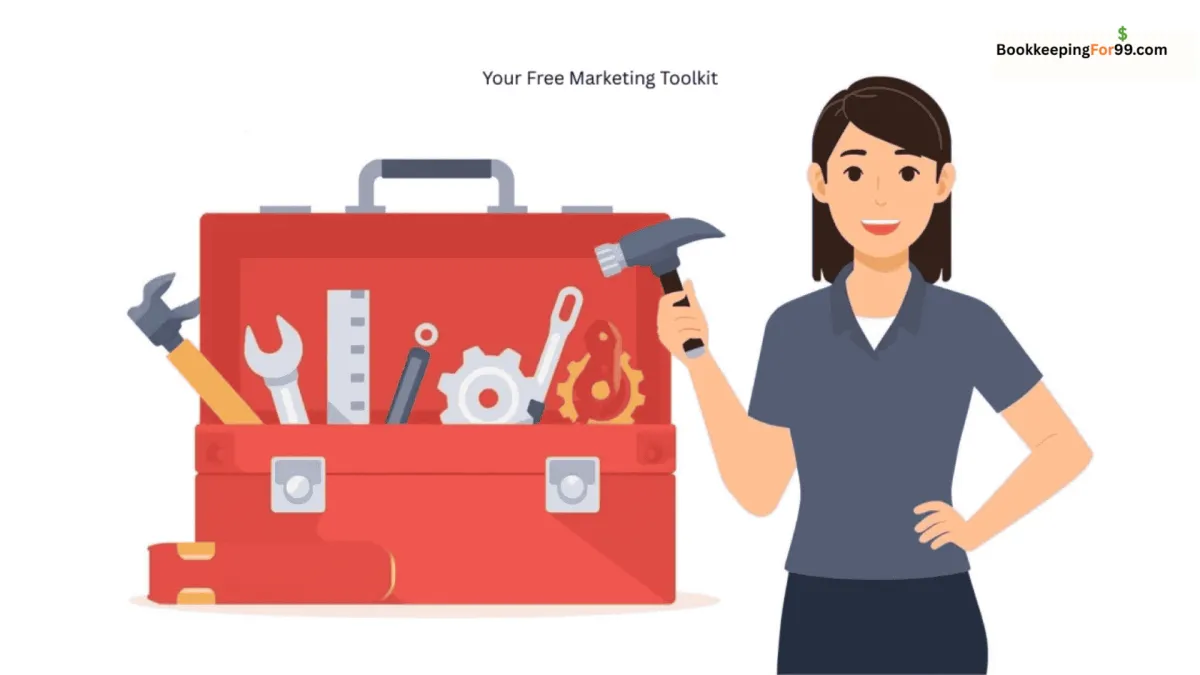 Illustration of a female small business owner holding a hammer beside a red toolbox, representing a free marketing toolkit for small businesses by BookkeepingFor99.com