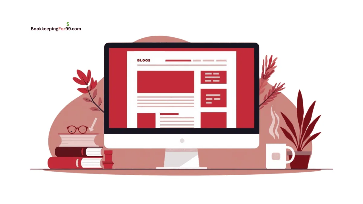 Illustration of a blog builder showing a desktop screen with article layouts and content sections, used by small business owners to publish blogs and market their services with BookkeepingFor99.com