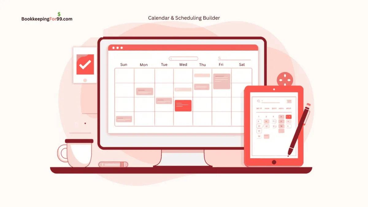 Calendar and scheduling builder illustration showing appointment booking and availability management for small business owners using BookkeepingFor99.com