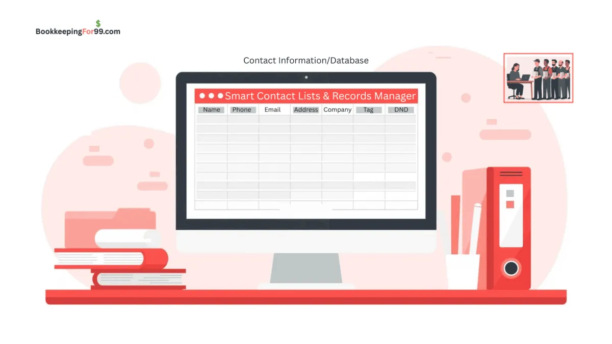 Contact information and customer database manager by BookkeepingFor99.com for organizing client names, phone numbers, emails, and business records
