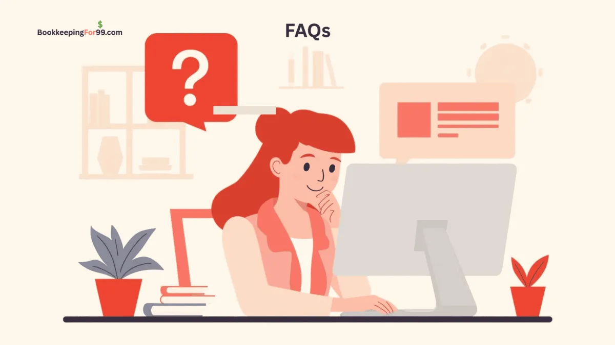 FAQs section illustration for bookkeepingfor99.com showing a small business owner reviewing bookkeeping questions and answers on a computer