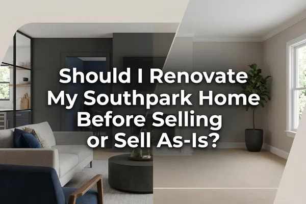 Exterior of suburban Southpark home at sunset with for sale sign