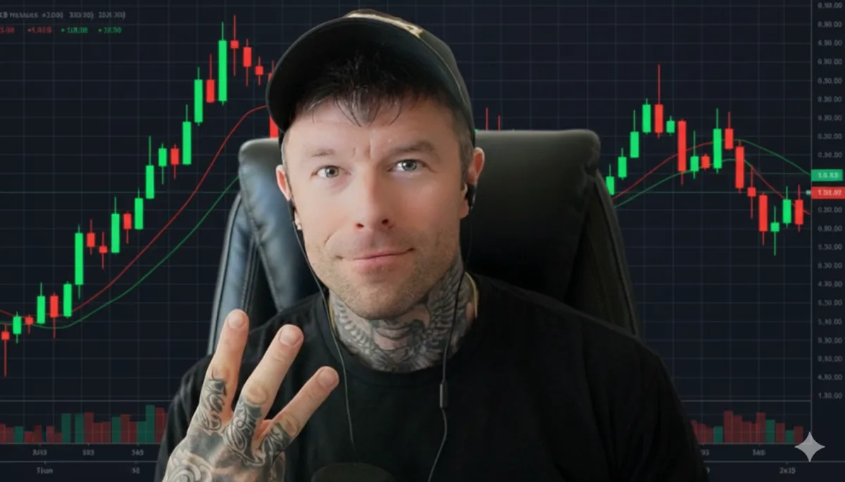 Brandon J, a middle-aged man with a friendly smile, wearing a navy blazer and open-collar shirt, stands confidently in front of a wall of trading monitors. The background is softly blurred, emphasizing his approachable demeanor and professional expertise.