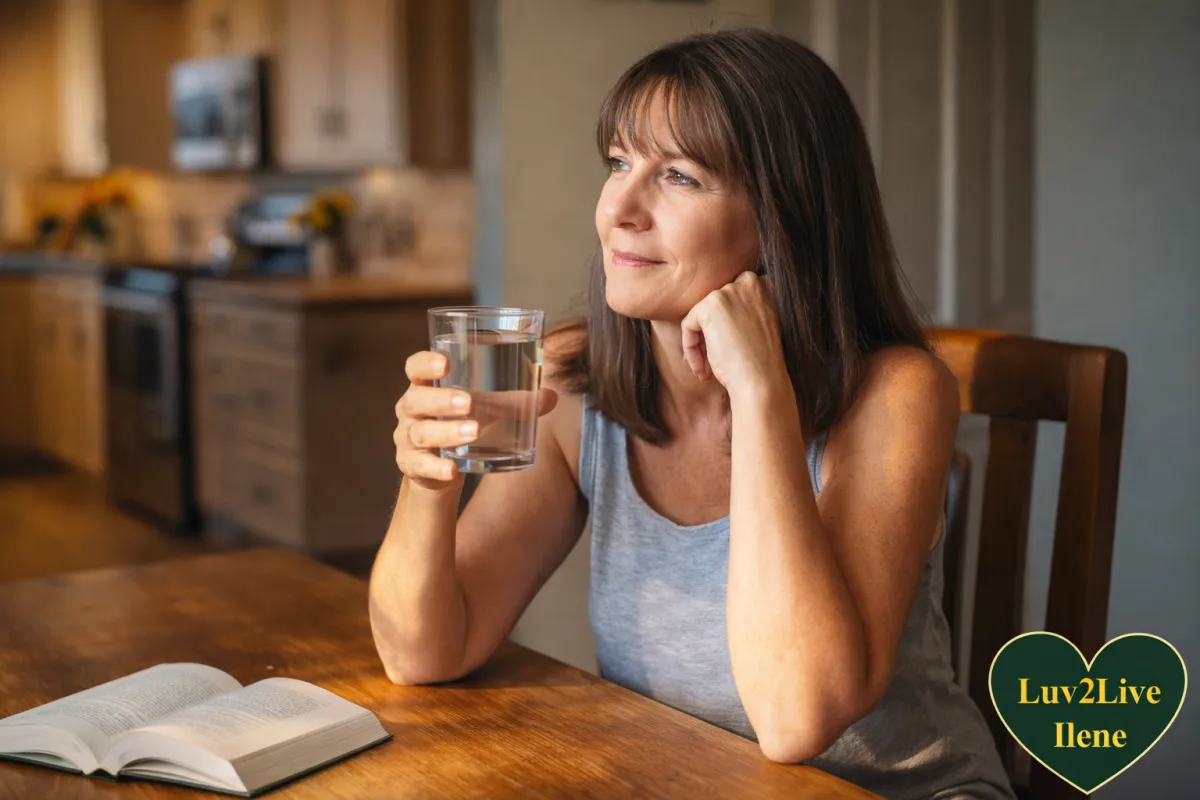 Woman drinking clean filtered water at home feeling calm and healthy — making better daily water choices for cellular hydration and long term wellness — Luv2Live Ilene