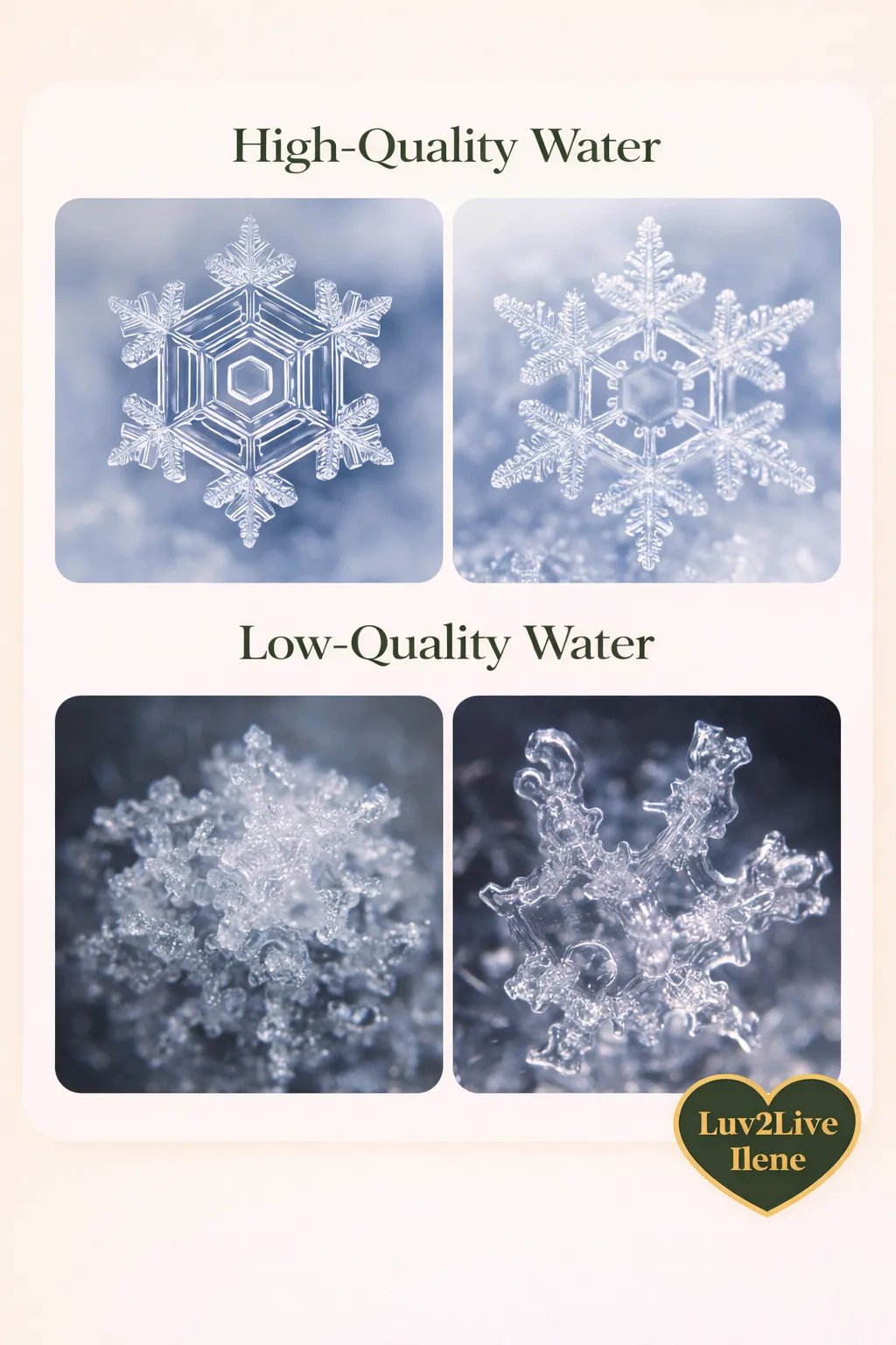 Dr Emoto water crystal experiment showing high quality water forming beautiful symmetrical snowflake crystals versus low quality water forming distorted irregular crystals — water responds to energy intention and environment — Luv2Live Ilene