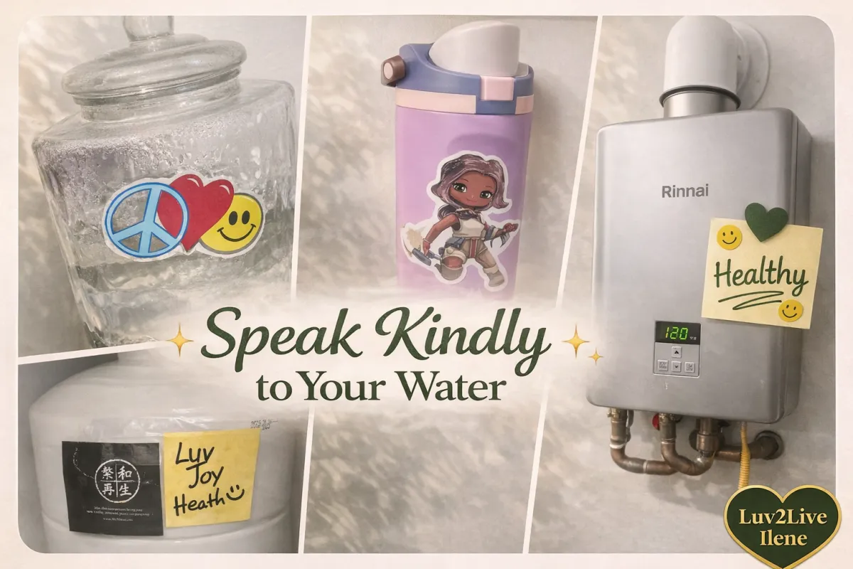 Speak kindly to your water — Dr Emoto water memory research shows words and intentions affect water molecule structure — glass jar kids water bottle and Rinnai tankless water heater labeled with love joy and healthy — Luv2Live Ilene