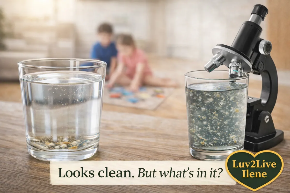 Two glasses of tap water under microscope revealing hidden contaminants and toxins invisible to the naked eye — what is really in your drinking water — Luv2Live Ilene