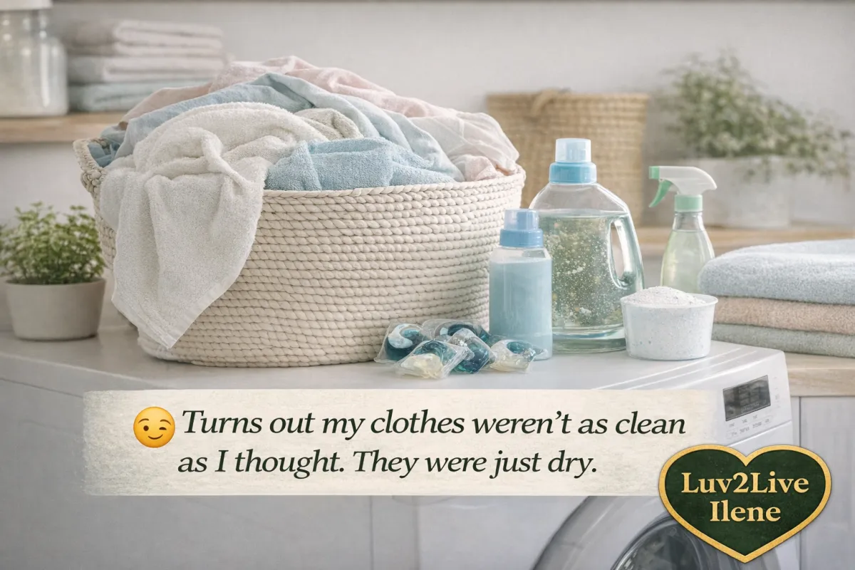 Laundry detergent and cleaning product chemicals absorbed through clothing touching skin all day — hard water leaves residue clothes look clean but are just dry — Luv2Live Ilene